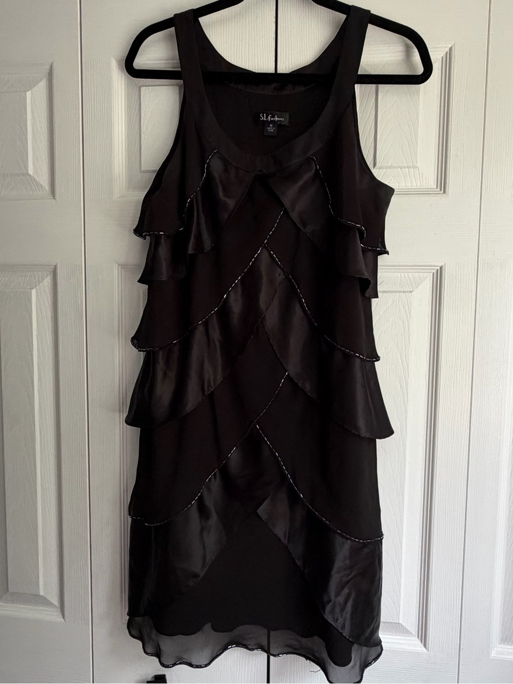 SL Fashions Black Layered Ruffle Mini Dress with Beaded Trim